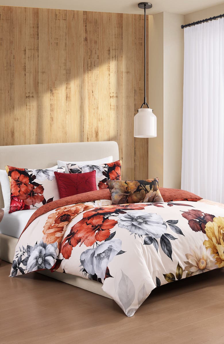 Bebejan Carnelian Floral Reversible Cotton Sateen Comforter Set, Main, color, 
