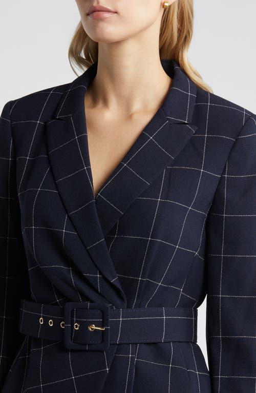 Tahari Asl Windowpane Check Belted Blazer & Pants Set In Blue