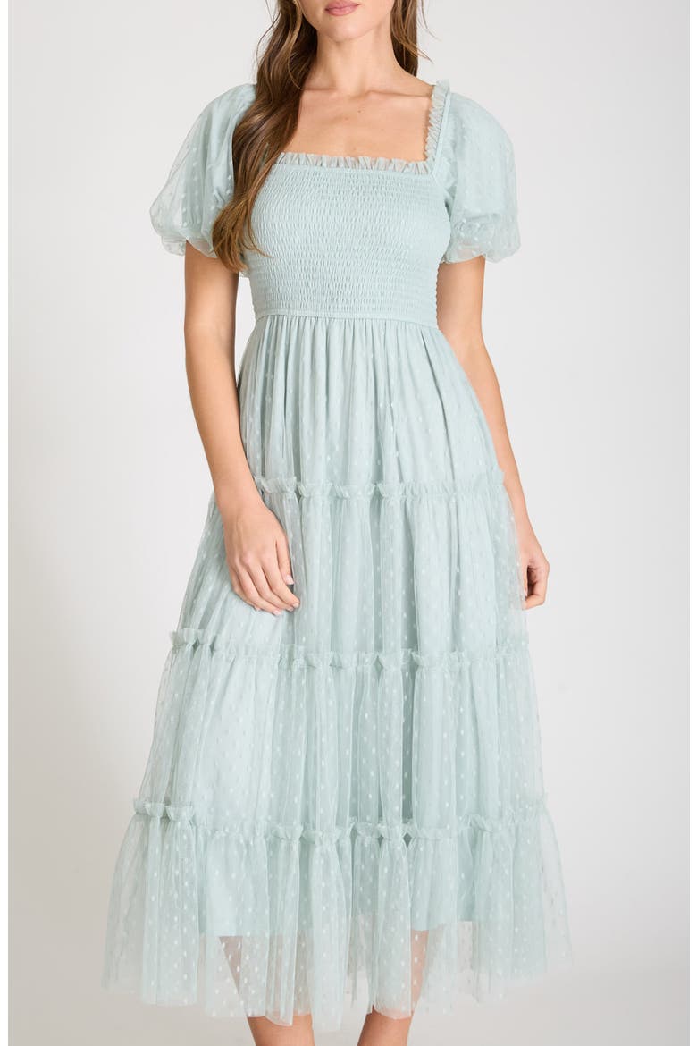 Puff Sleeve Midi Dress, Alternate, color, SAGE