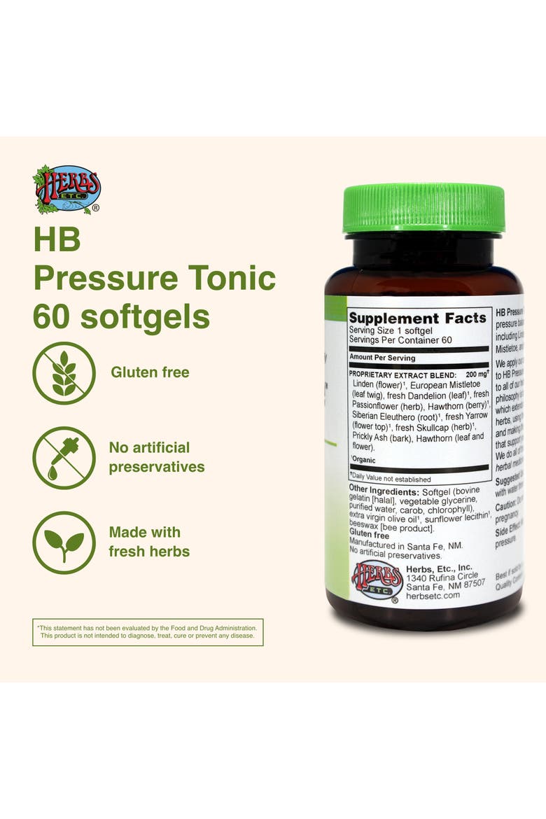 HB Pressure Tonic - Healthy Blood Circulation Support Supplement - Aid Cardiovascular Health - Herbal Supplement for Natural Energy Support - Gluten-Free - 60 Softgels, Alternate, color, No Color
