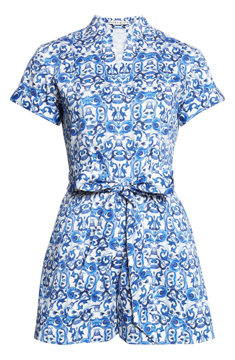 Alice + Olivia Lucy Baroque Print Belted Stretch Cotton Romper, Alternate, color, Solstice