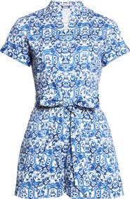 Alice + Olivia Lucy Baroque Print Belted Stretch Cotton Romper