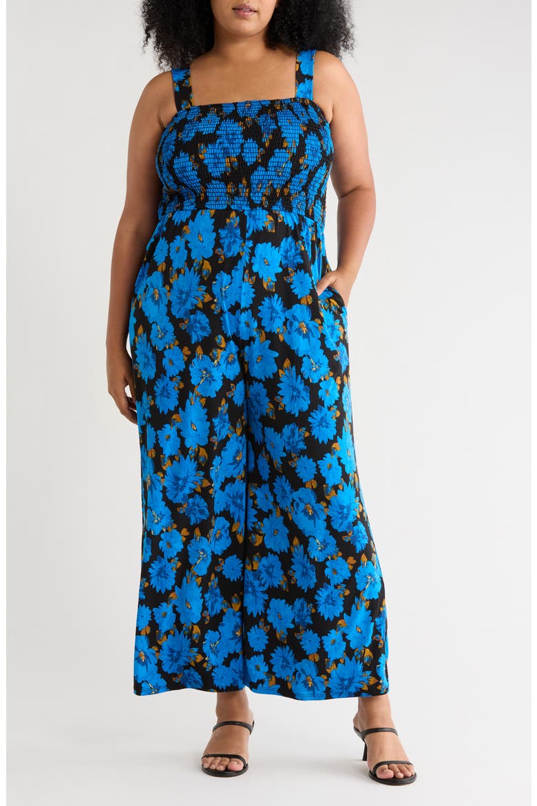 Smocked Wide Leg Jumpsuit, Main, color, COBALT FLORAL