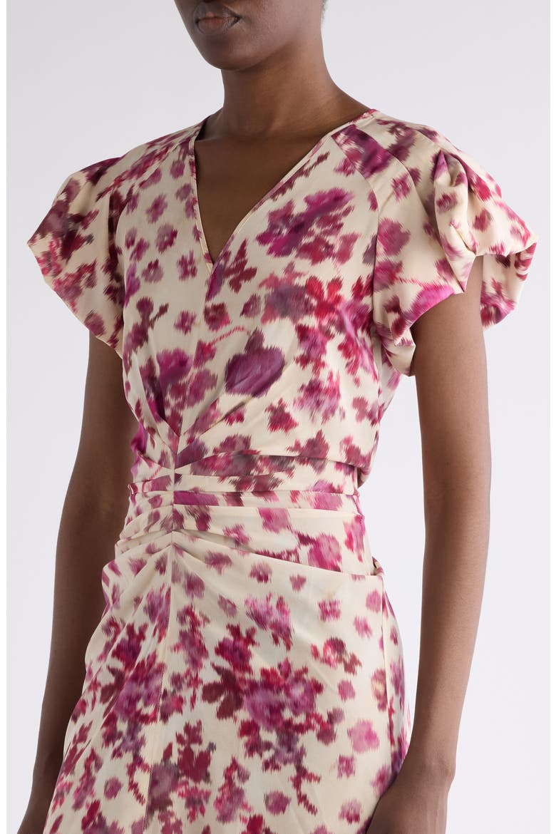 Terenae Ikat Print Bubble Sleeve Stretch Silk Midi Dress, Alternate, color, PINK