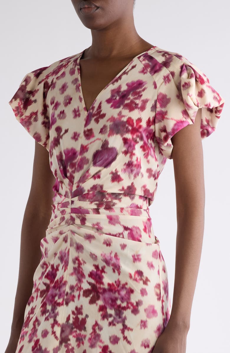 Isabel Marant Terenae Ikat Print Bubble Sleeve Stretch Silk Midi Dress, Alternate, color, Pink