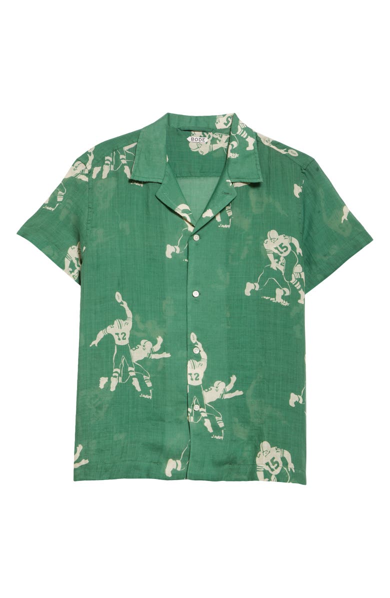 Bode Football Jacquard Linen Button-Up Shirt, Alternate, color, Green Cream