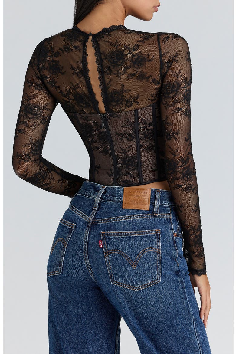 Zoe Long Sleeve Lace Crop Corset Top, Alternate, color, BLACK