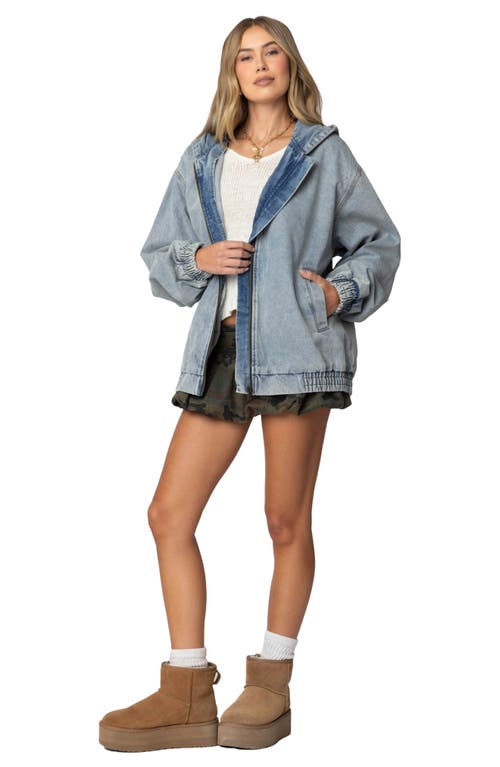Shop Edikted Front Zip Denim Hooded Jacket In Light-blue