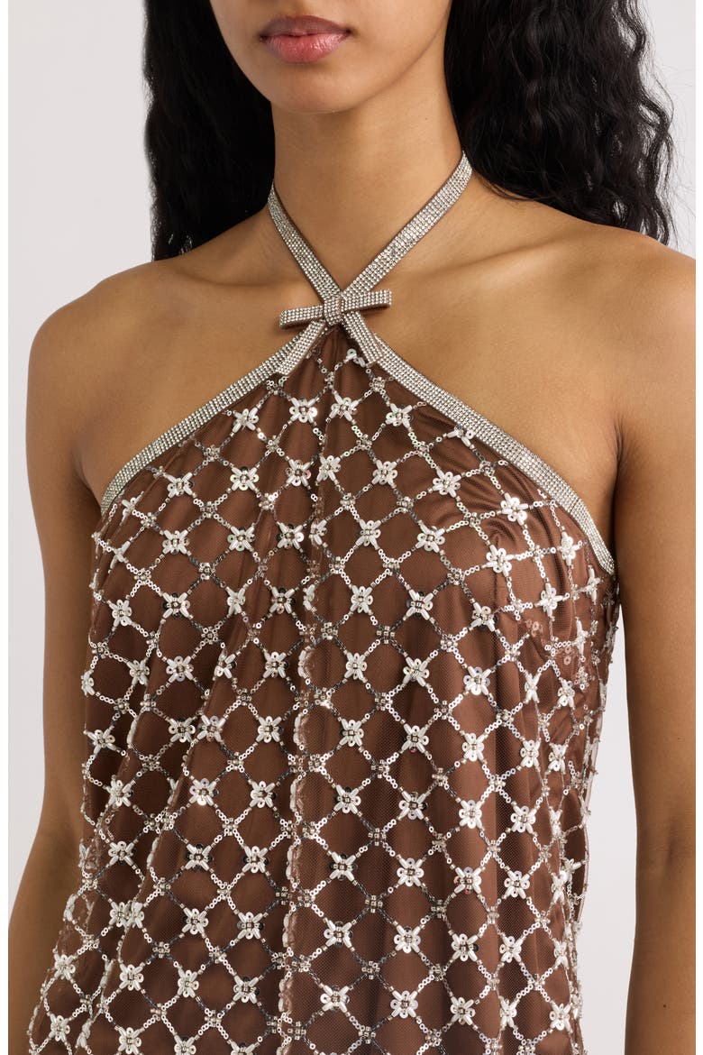 Cinna Embellished Halter Minidress, Alternate, color, CHOCOLATE
