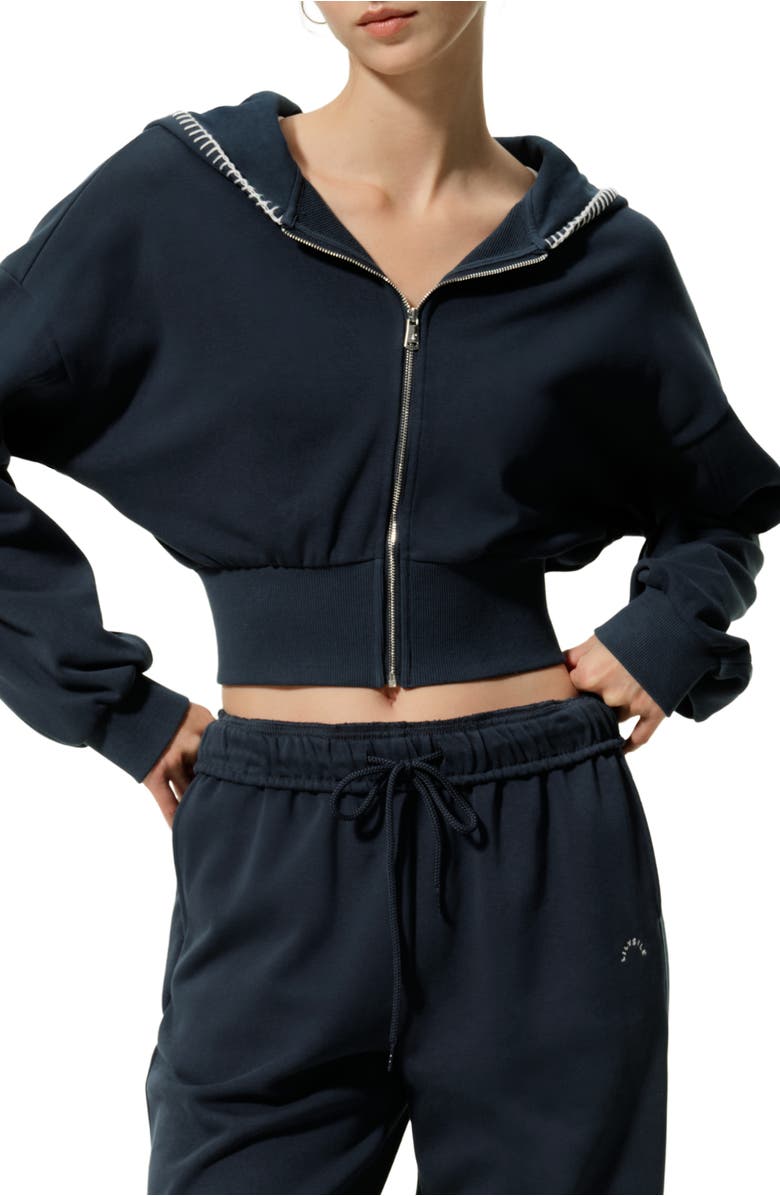 Lilysilk SILKERRY Cropped Fit Seamflow Drift Full-Zip Front Closure Sweatshirt, Main, color, Navy