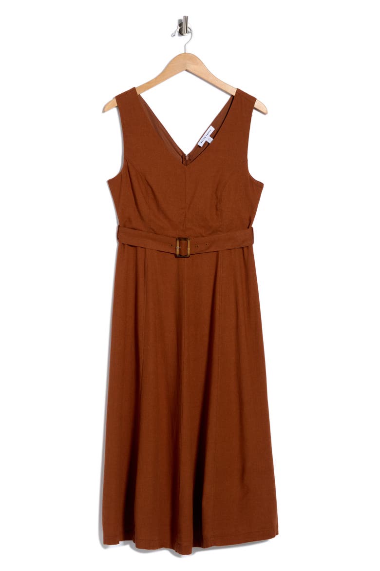 V-Neck Sleeveless Belted Midi Dress, Alternate, color, COPPER