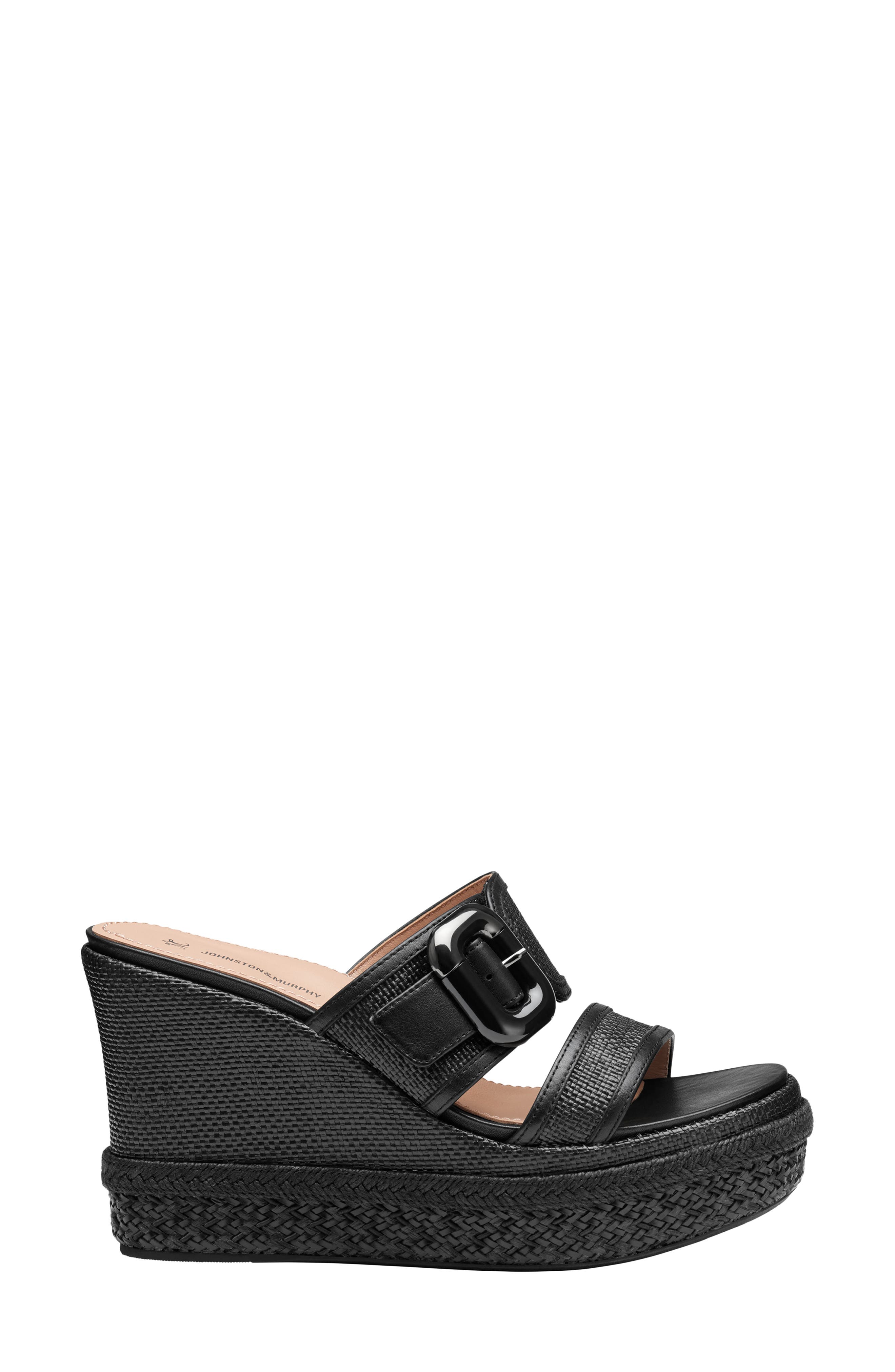 Johnston & Murphy Addison Buckle Platform Wedge Slide Sandal, Alternate, color, Black Raffia/Nappa Leather