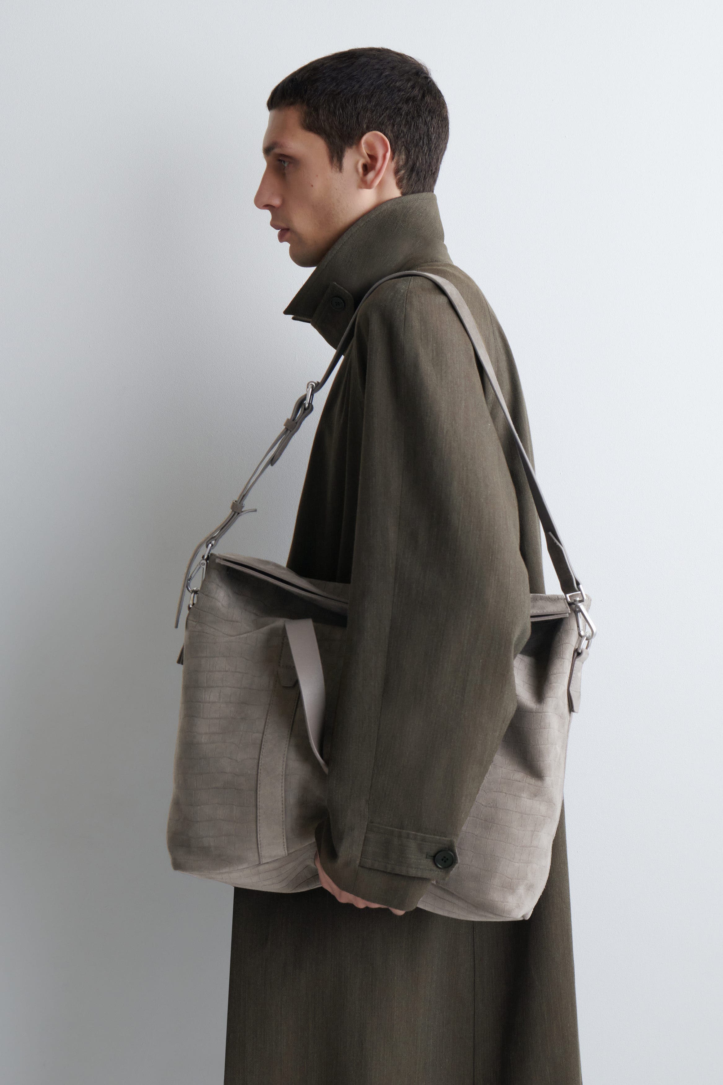 COS Brunswick Messenger Bag - Croc-effect Suede, Alternate, color, Elephant Gray