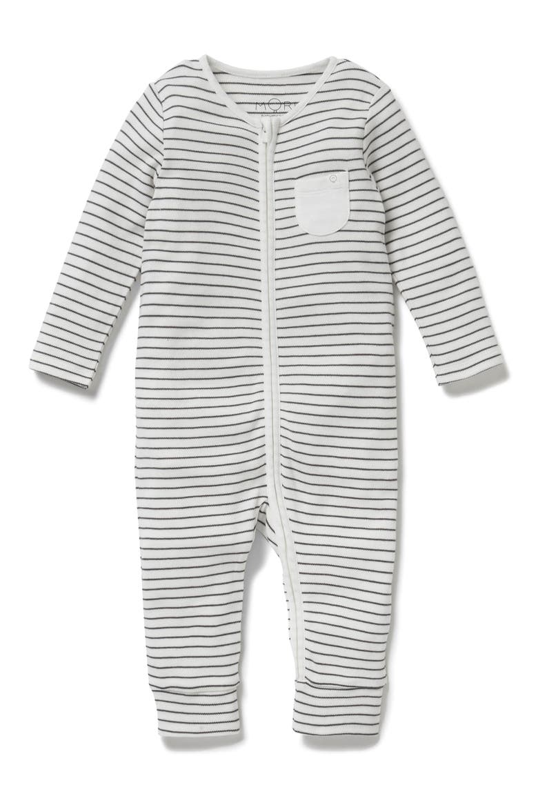 Clever Zip Stripe Fitted One-Piece Pajamas, Main, color, GRAY STRIPE