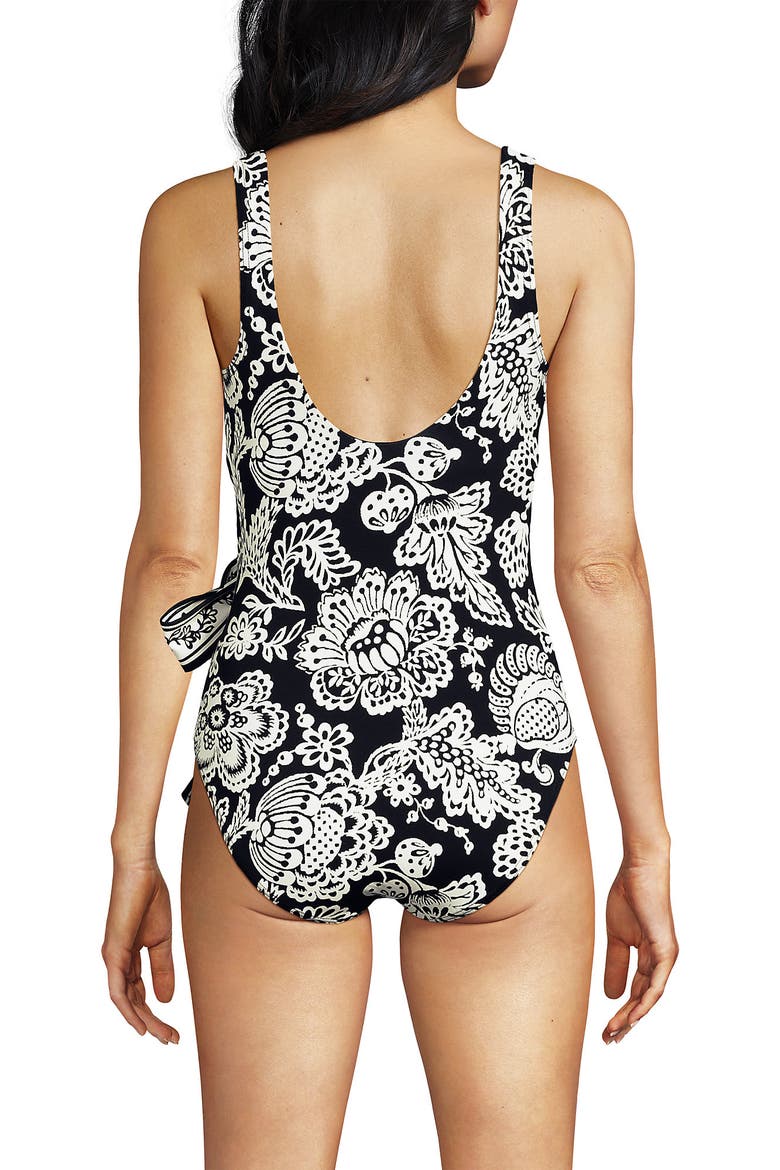 Chlorine Resistant Side Tie Wrap High Leg One Piece Swimsuit, Alternate, color, Floral Medley/Black Border