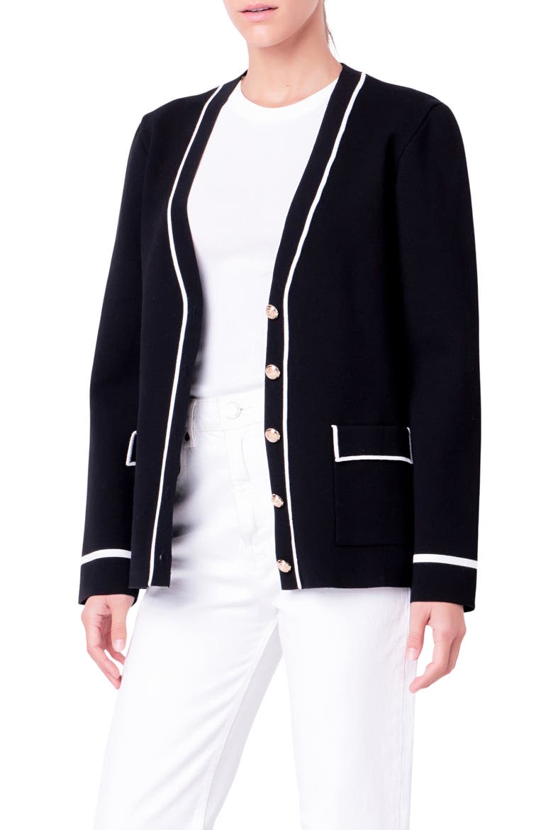 Contrast V-Neck Cardigan, Alternate, color, BLACK/ WHITE