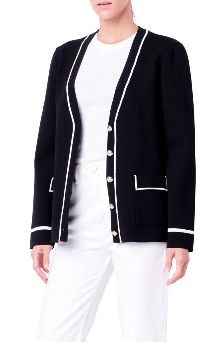 English Factory Contrast V-Neck Cardigan, Alternate, color, Black/ White
