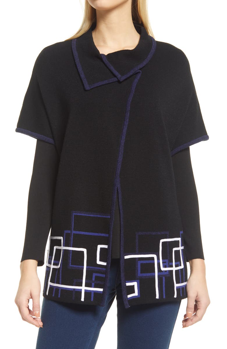 Ming Wang Asymmetric Neck Short Sleeve Geo Print Knit Jacket, Main, color, 