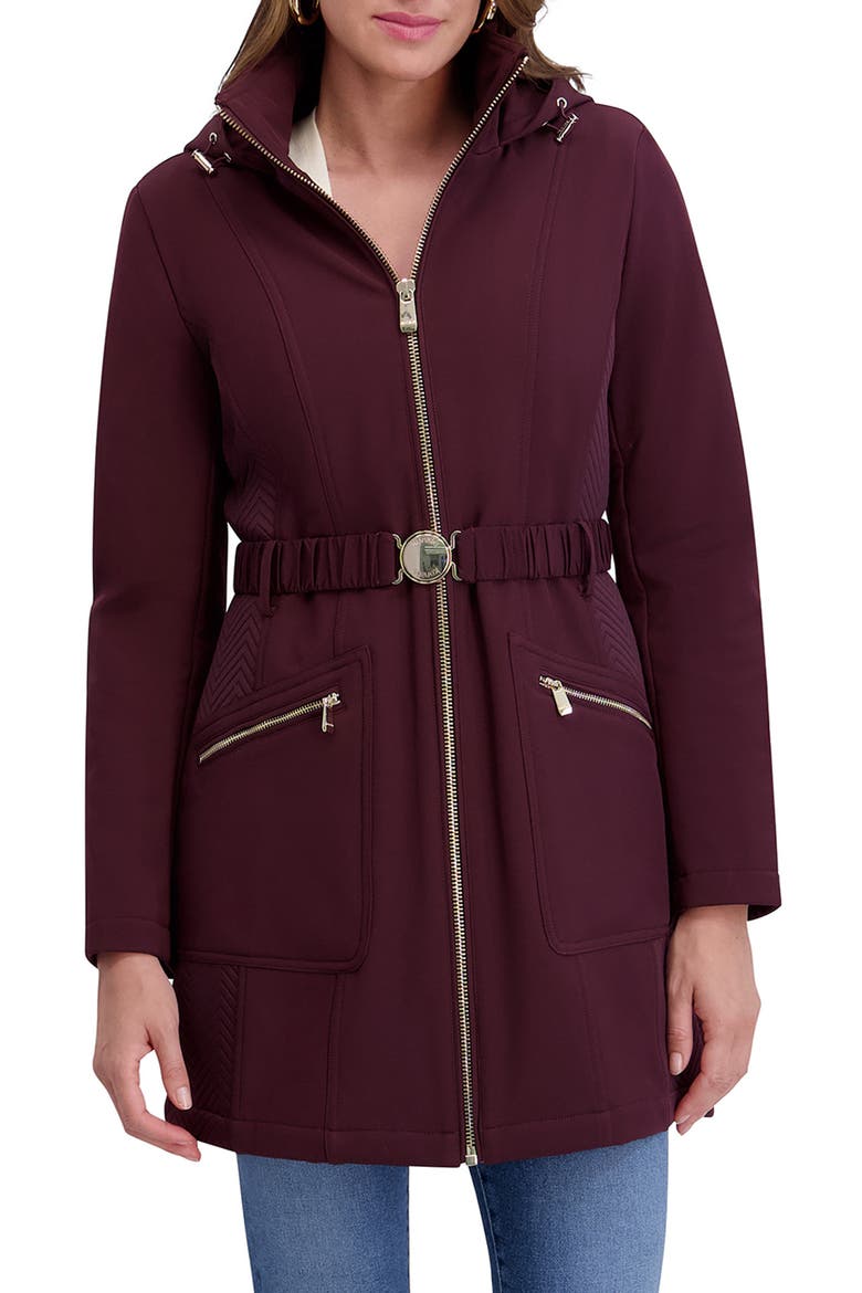 Soft Shelled Hooded Belted Zip-Up Coat, Main, color, BURGUNDY