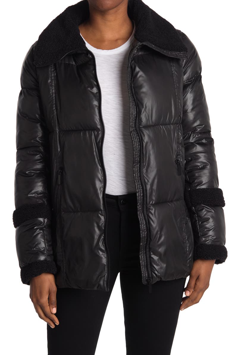 French Connection Puffer Faux Shearling Trim Jacket, Main, color,