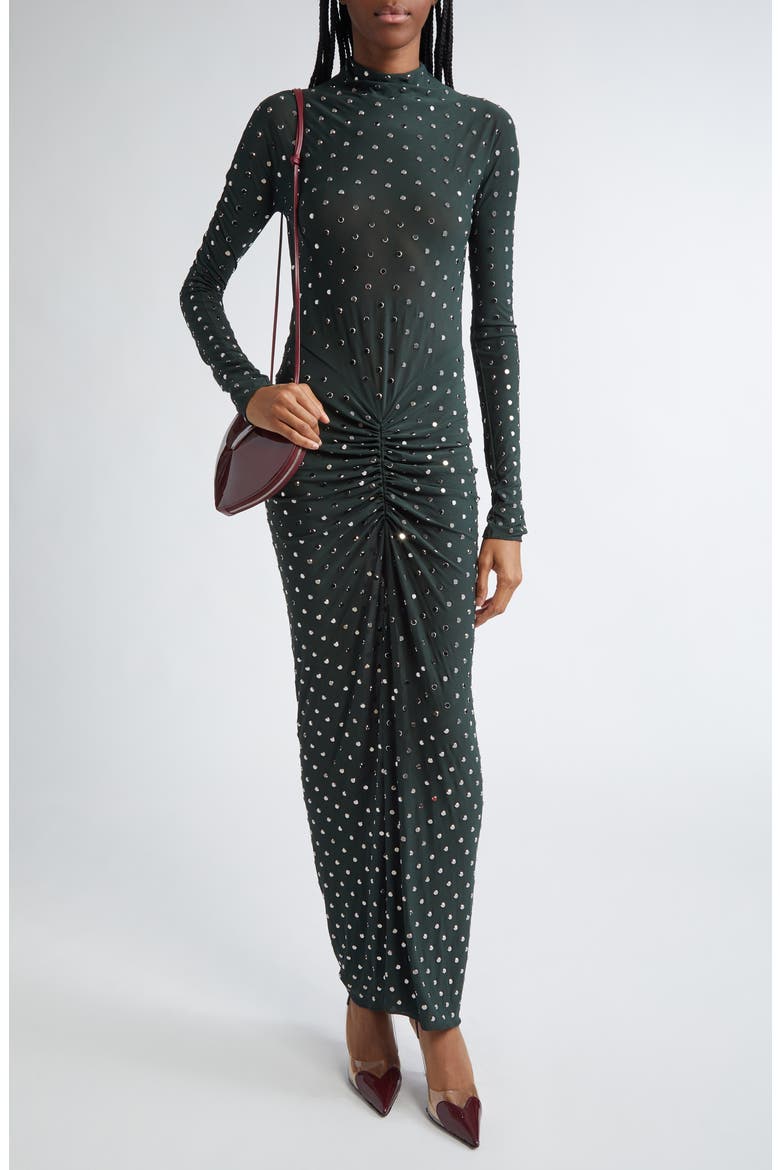 Embellished Draped Long Sleeve Body-Con Dress, Main, color, FORET