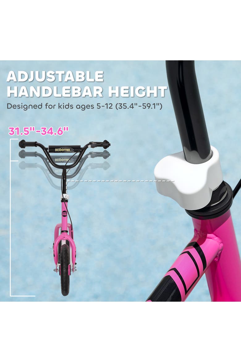 Kids Scooter, Lightweight Scooter with Adjustable Handlebar, Rear Brake, Kickstand, Footplate, 12" EVA Wheels, for 5-12 Years, White, Alternate, color, Pink