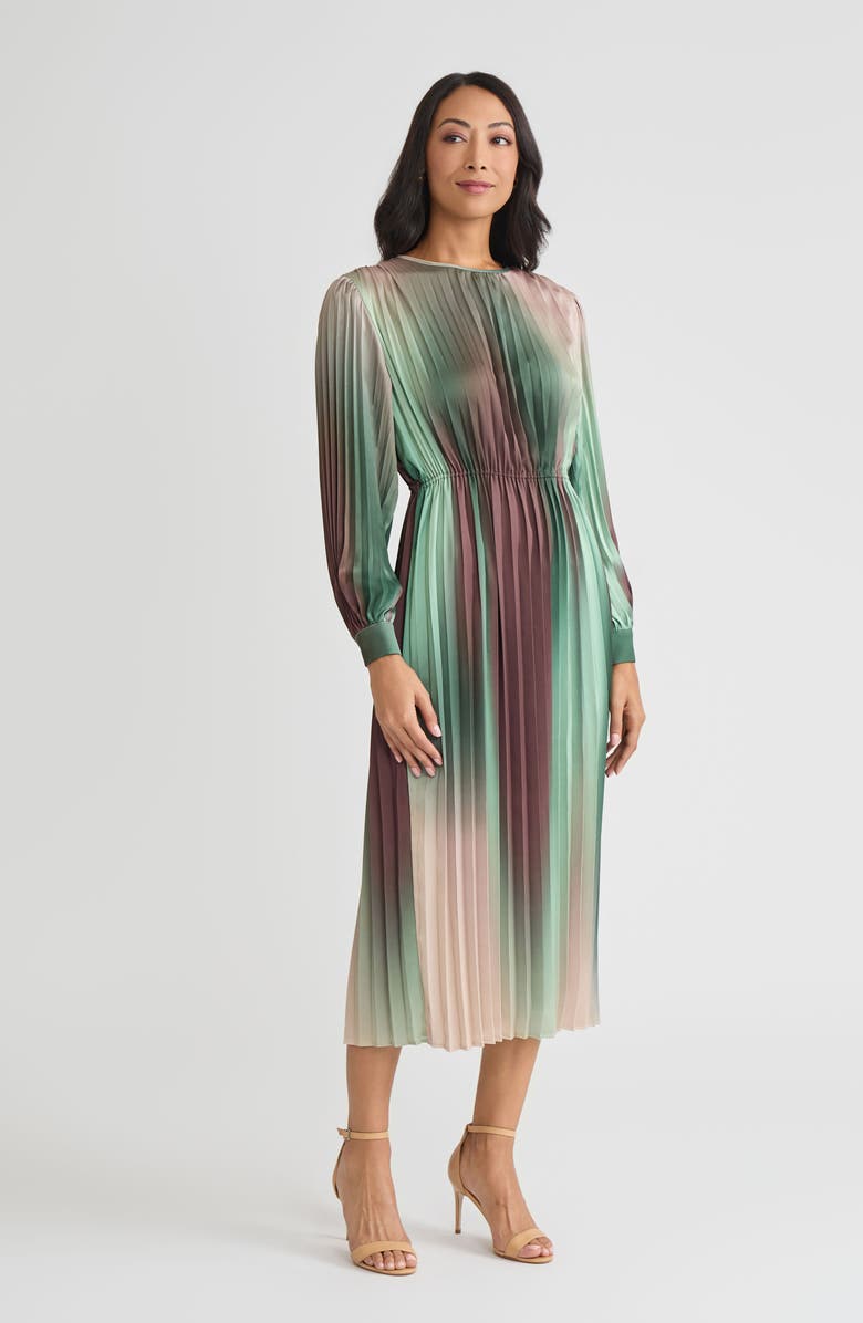 Misook Pleated Ombre Crepe de Chine Maxi Dress, Alternate, color, Dark Ivy/Midnight Umber