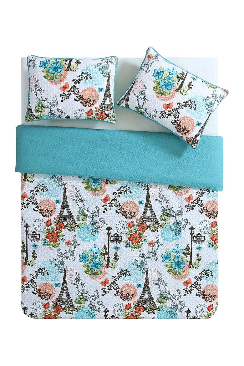 Eiffel Reversible Quilt Set - King, Alternate, color, BLUE