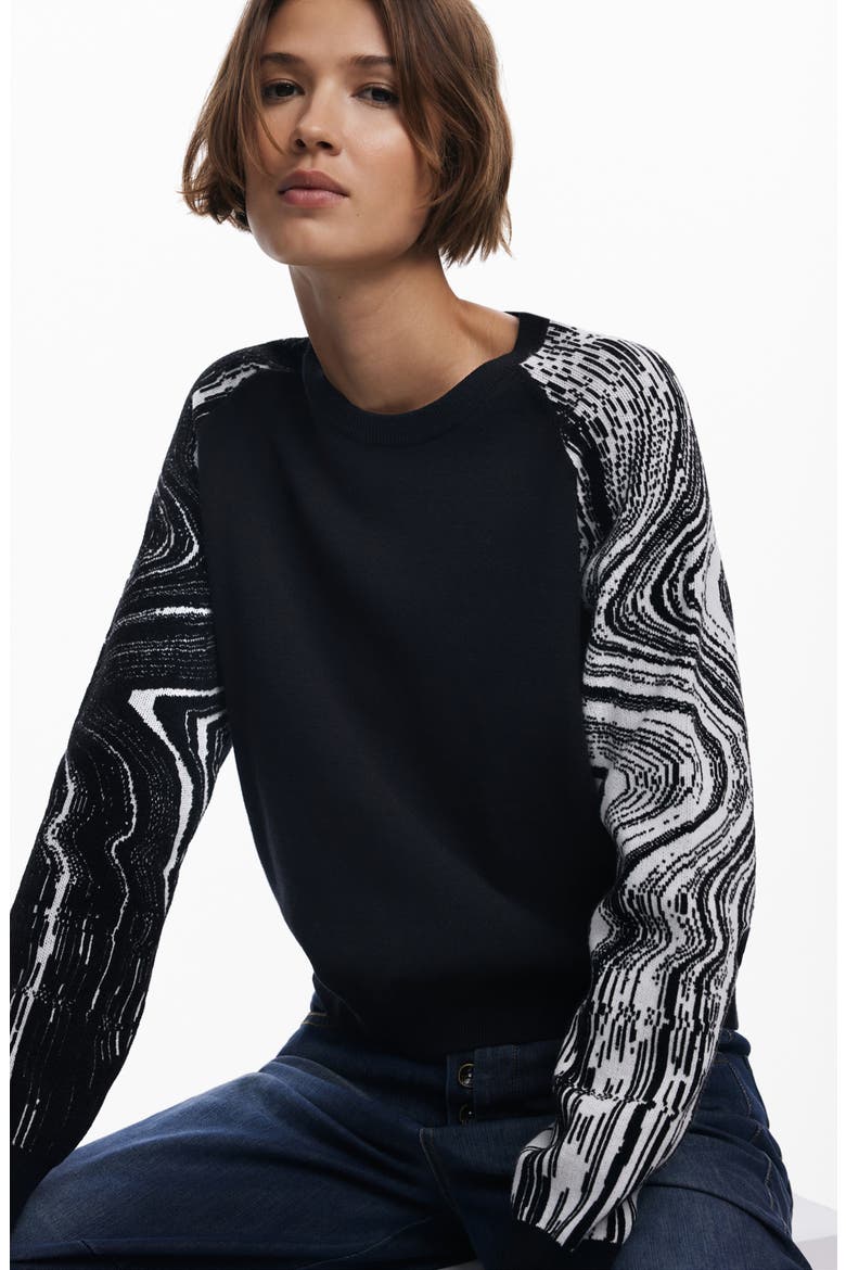 Swirl Raglan Sleeve Crewneck Sweater, Alternate, color, BLACK