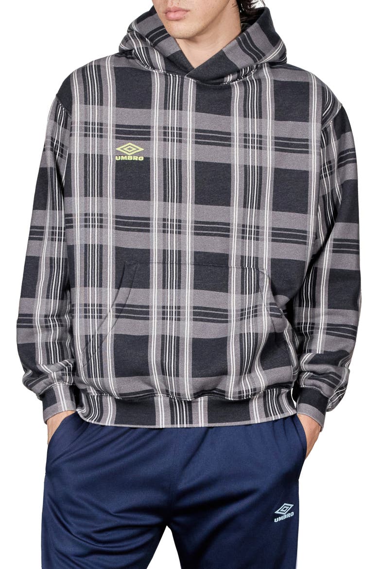 x Umbro Spine Plaid Pullover Hoodie, Main, color, BLACK