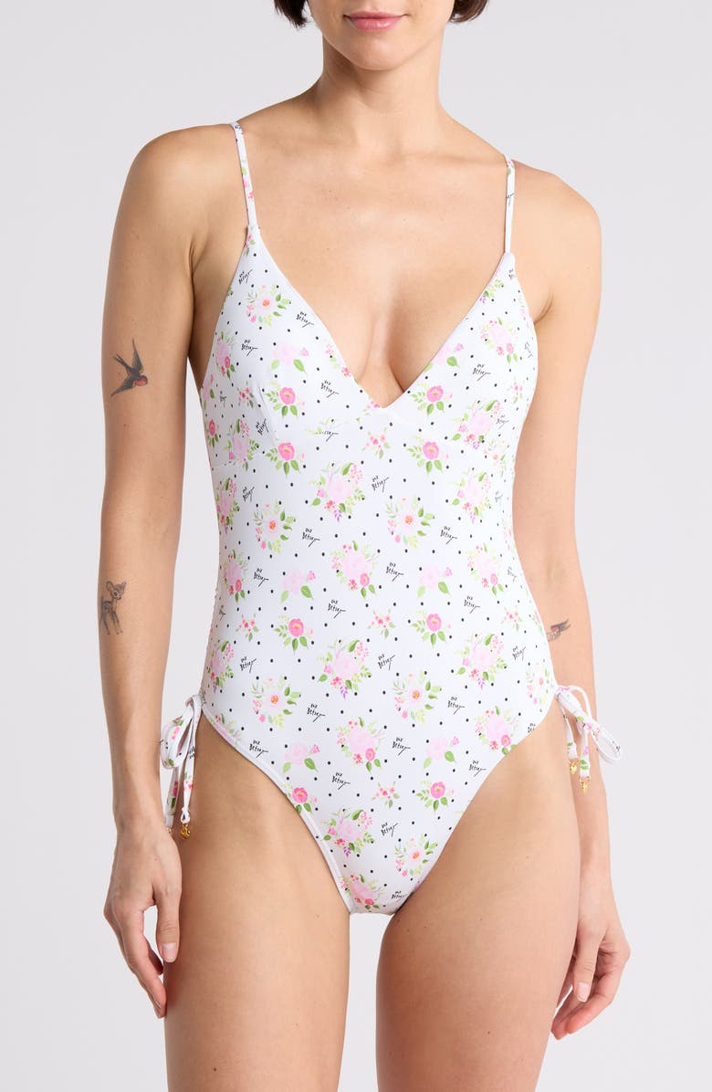Betsey Johnson Side Tie V-Neck One-Piece Swimsuit, Main, color, White
