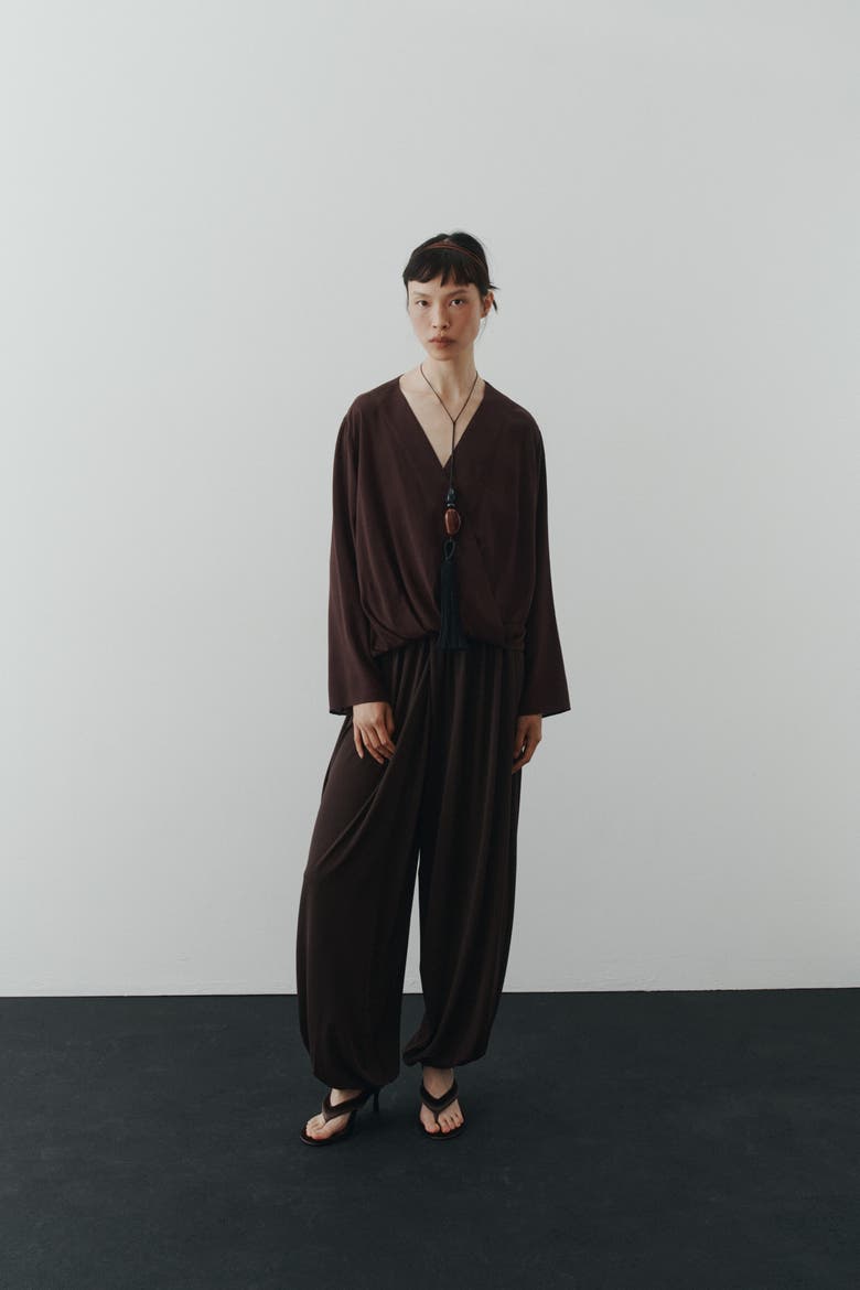 Linen-blend Wrap Blouse, Alternate, color, Dark brown