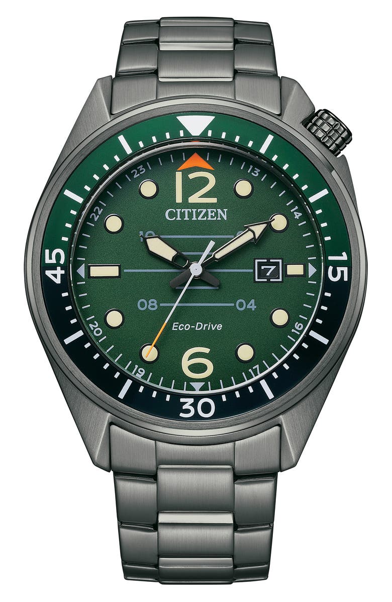 Citizen Eco Drive Three-Hand Quartz Stainless Steel Bracelet Watch, 43mm, Main, color, Grey