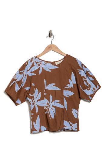 Melloday Floral Poplin Top In Brown