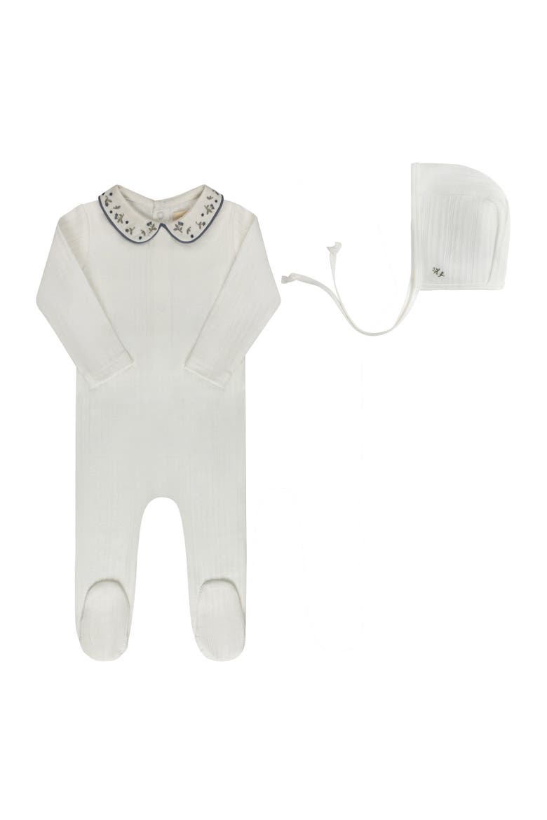 Embroidered Collar Collection -  Footie + Bonnet, Main, color, Ivory/Blue