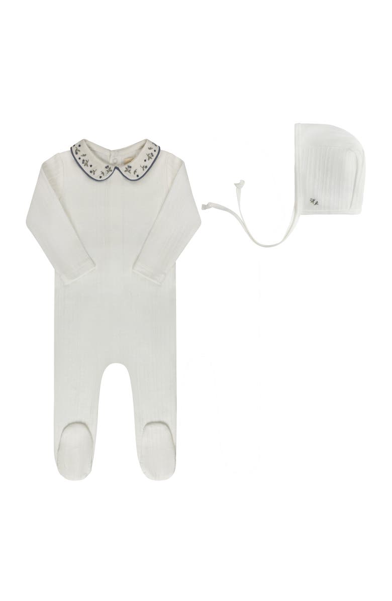 Ely's & Co. Embroidered Collar Collection - Footie + Bonnet, Main, color, Ivory/Blue