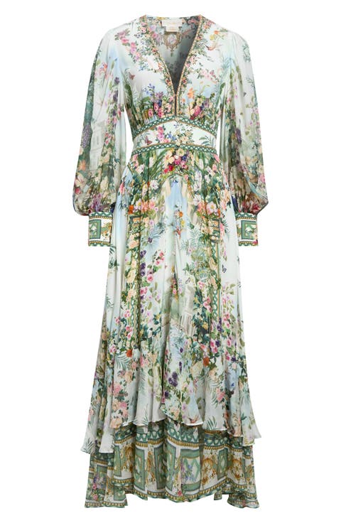 Floral Print Long Sleeve Button Front Silk Dress
