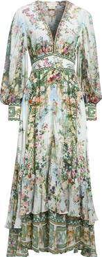 Camilla Floral Print Long Sleeve Button Front Silk Dress