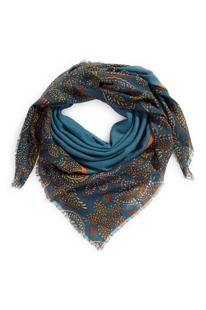 Print Square Wool Scarf, Alternate, color, TEAL PINPOINT PAISLEY