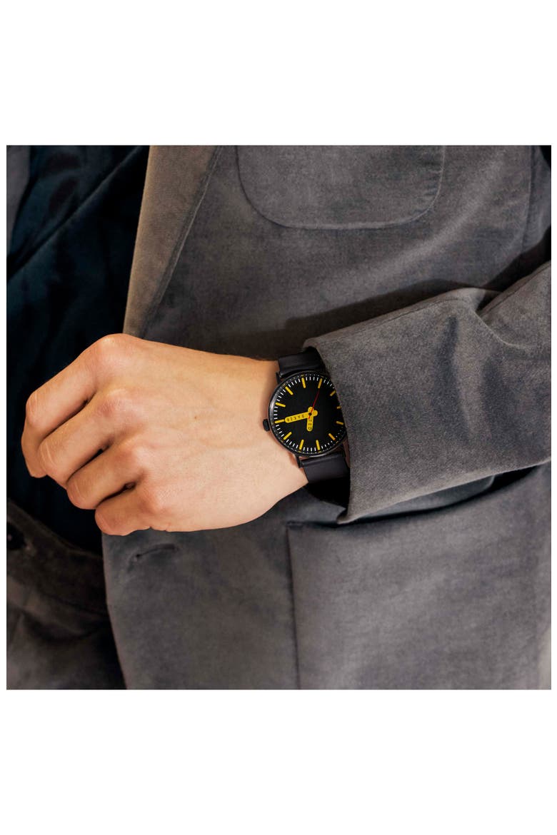 Glossop Leather Strap Watch, 41mm, Alternate, color, BLACK