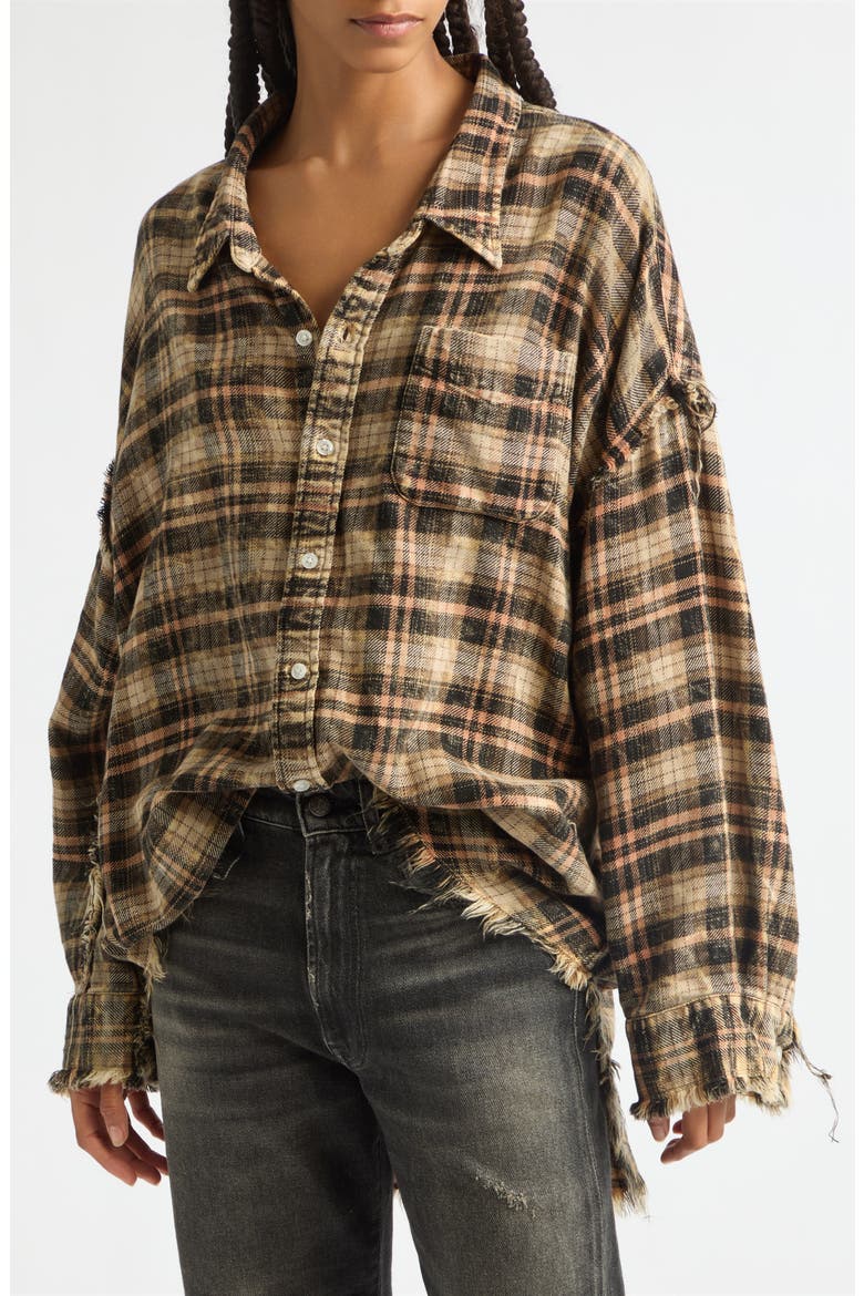 Shredded Seam Drop Neck Plaid Shirt, Alternate, color, BLACK KHAKI PLAID