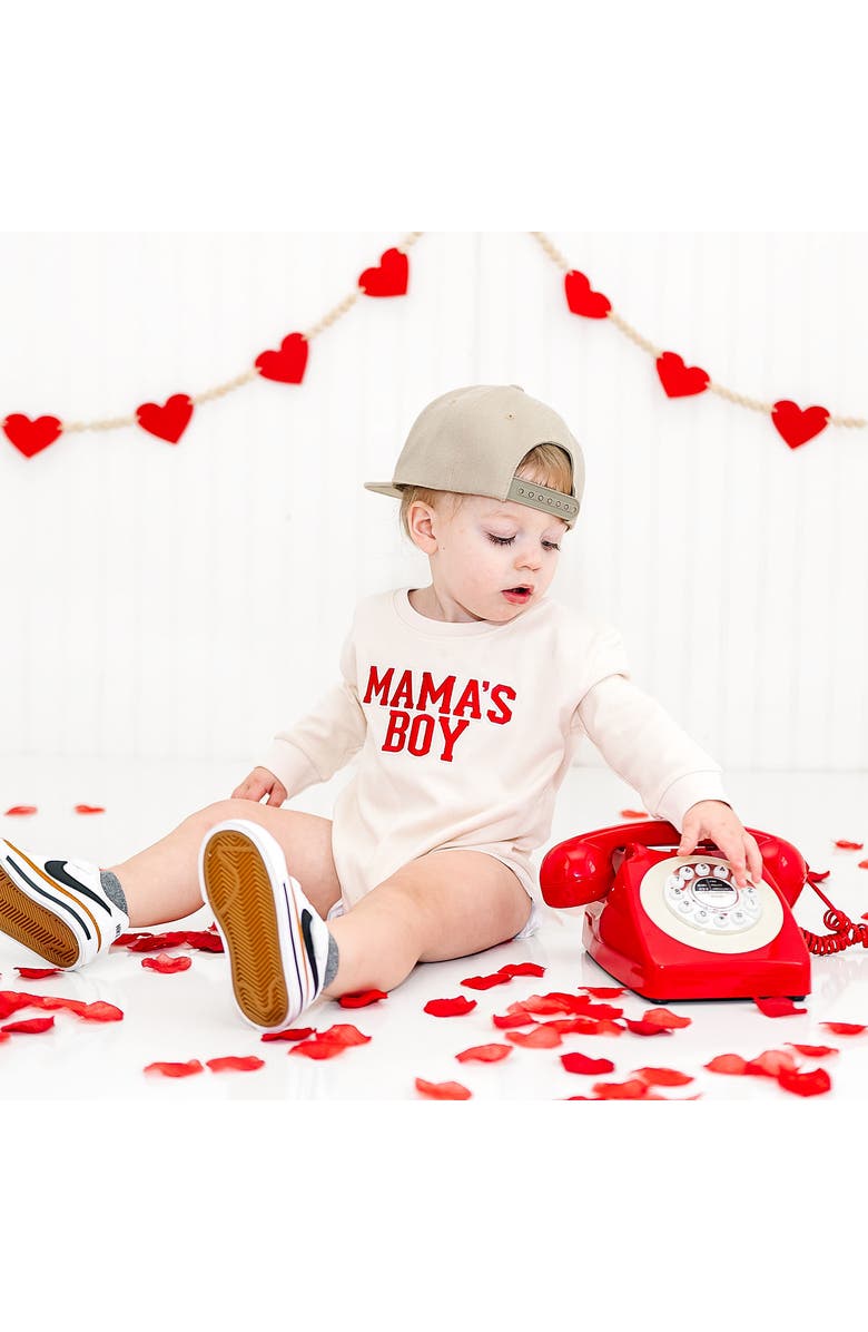Sweet Wink Mama
s Boy Varsity Patch Valentine
s Day Long Sleeve Romper, Alternate, color, Natural