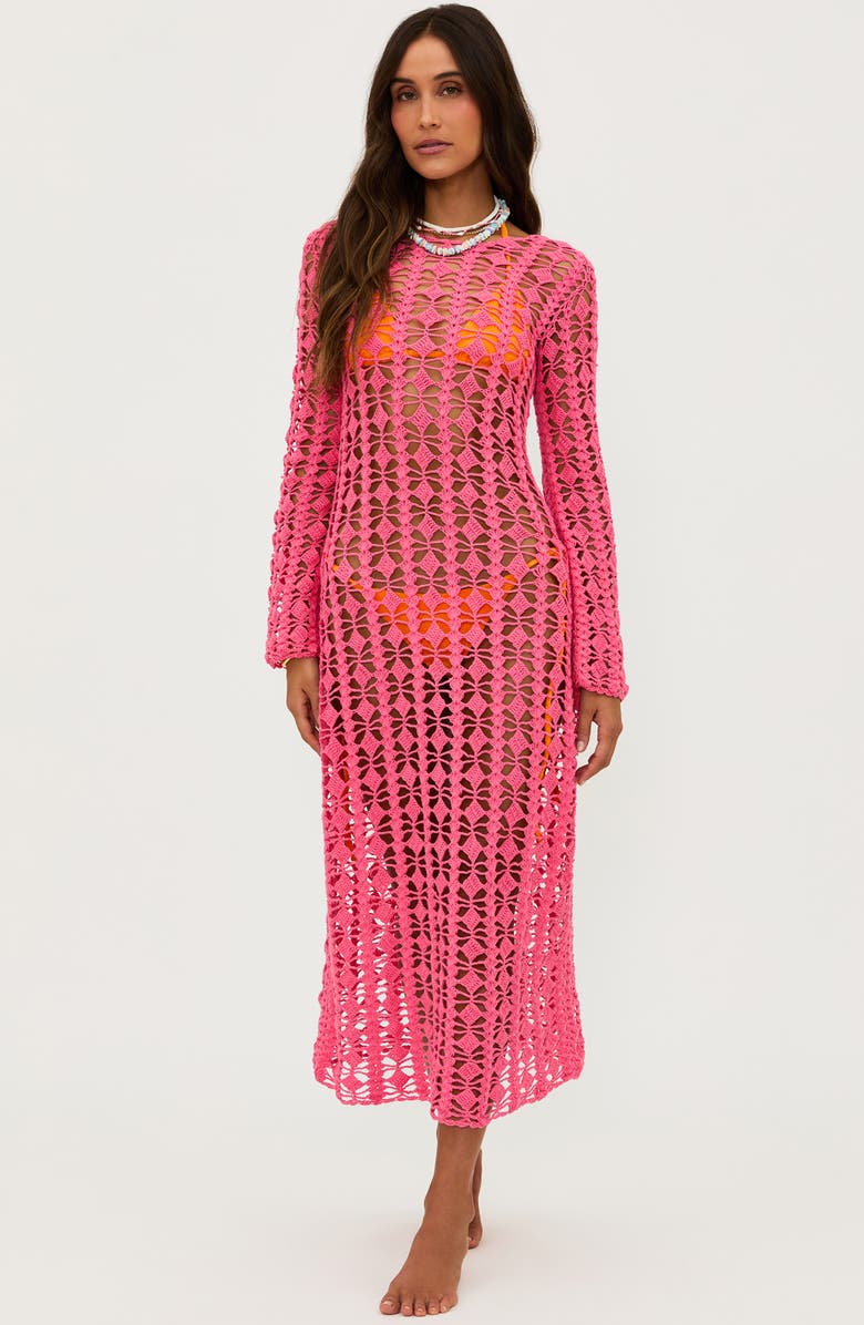 Beach Riot Ariana Open Stitch Cotton Cover-Up Dress, Alternate, color, Hot Coral