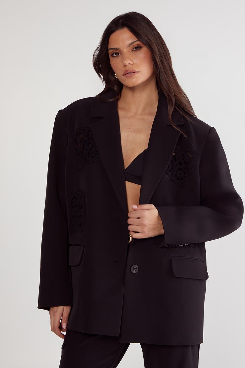 Tailored Crochet Insert Oversized Blazer, Main, color, Black