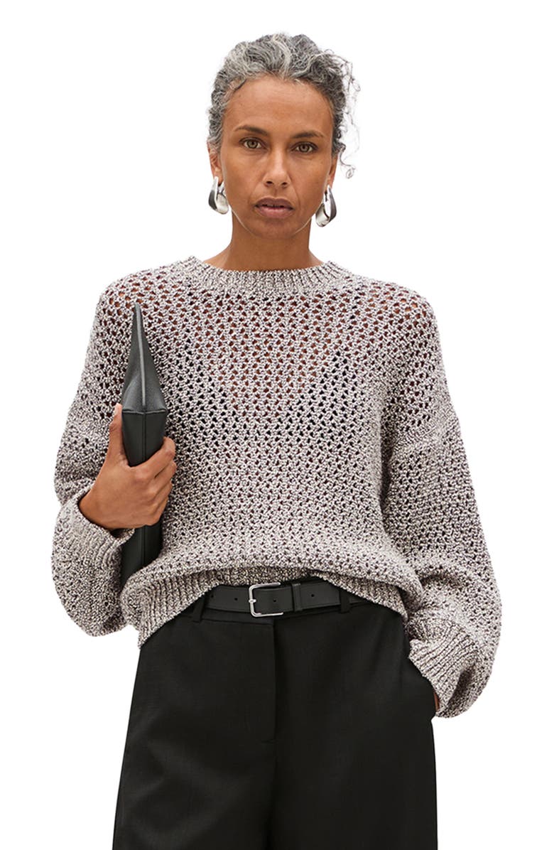 Another Tomorrow Open  Knit Crewneck, Main, color, Black Ecru