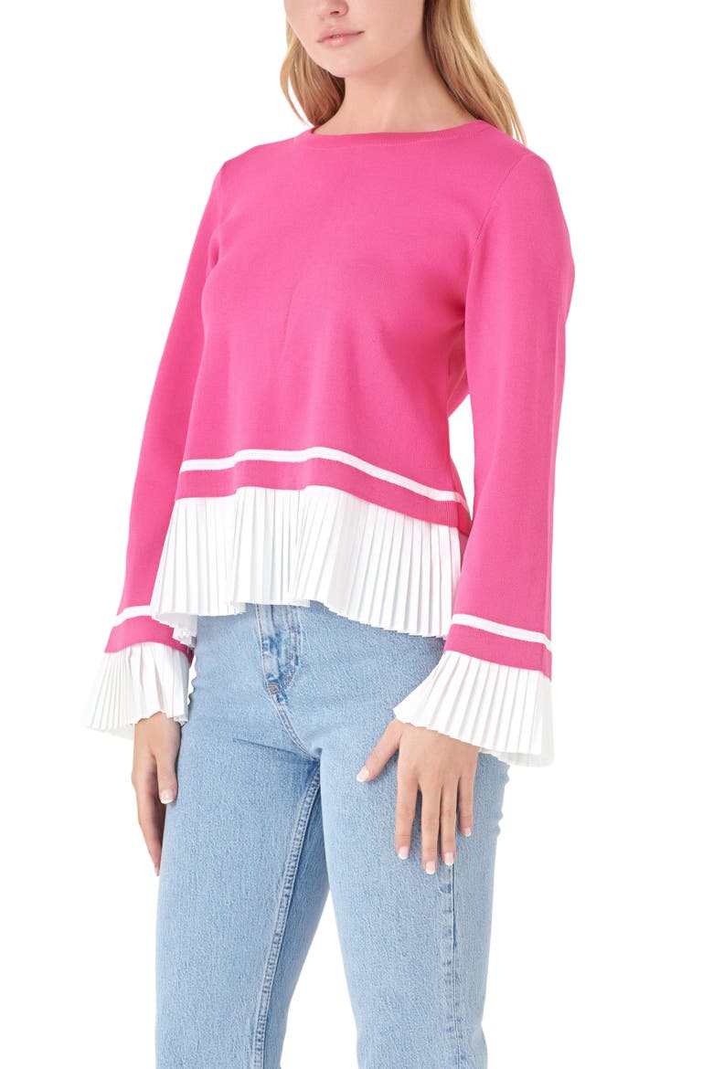 Mixed Media Pleat Sweater, Alternate, color, PINK/ WHITE