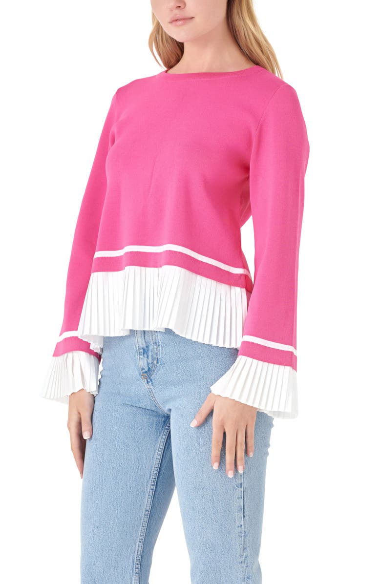 English Factory Mixed Media Pleat Sweater, Alternate, color, Pink/ White