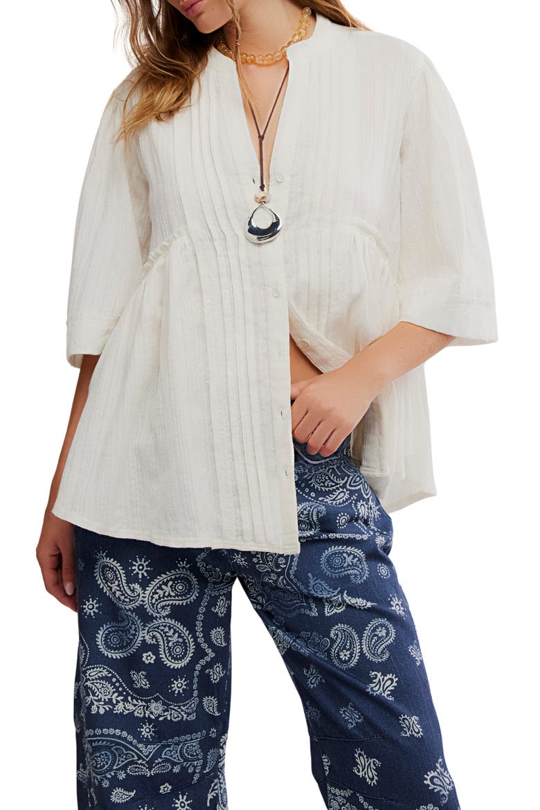 Willow Pintuck Cotton Button-Up Shirt, Main, color, IVORY