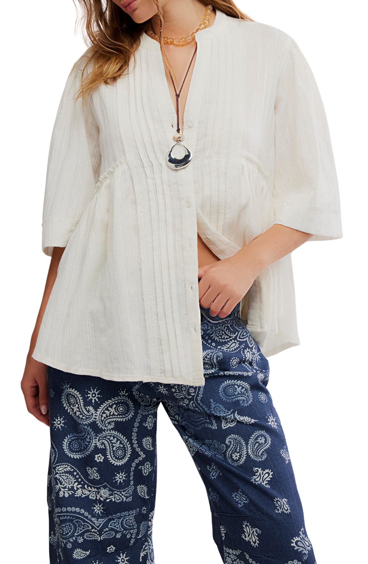 Free People Willow Pintuck Cotton Button-Up Shirt