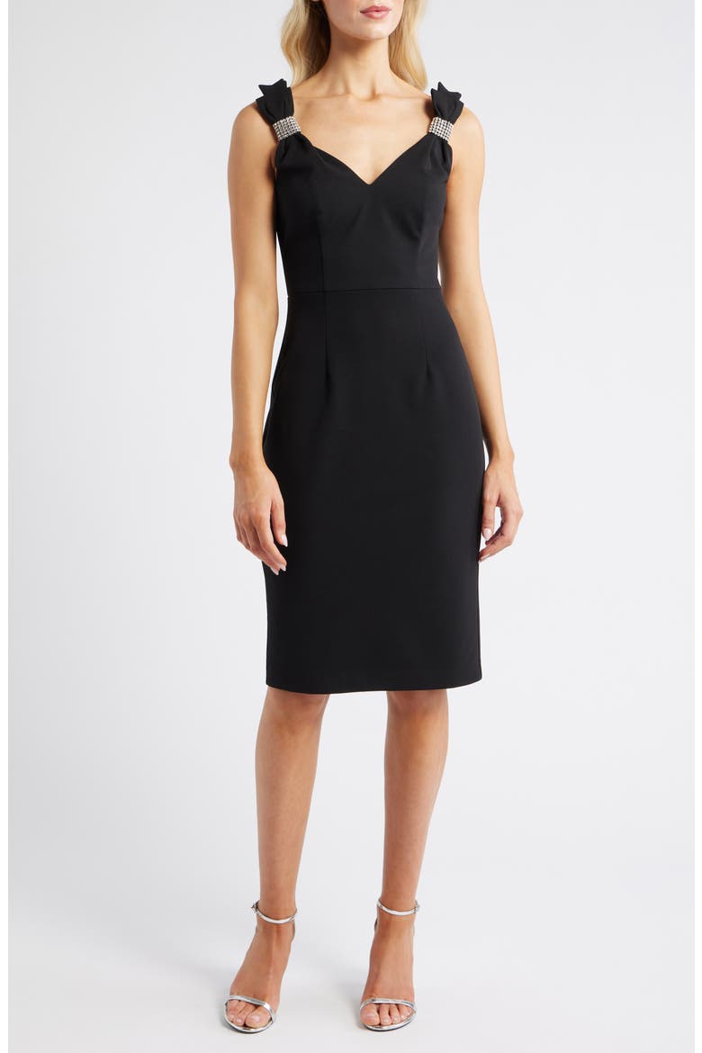 V-Neck Embellished Bow Sheath Dress, Main, color, BLACK